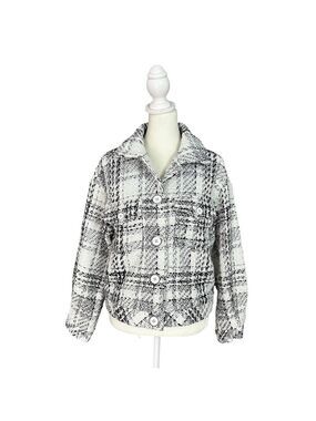Cache Plaid Tweed Metallic Lined Button Up Jacket Black & White Size Medium